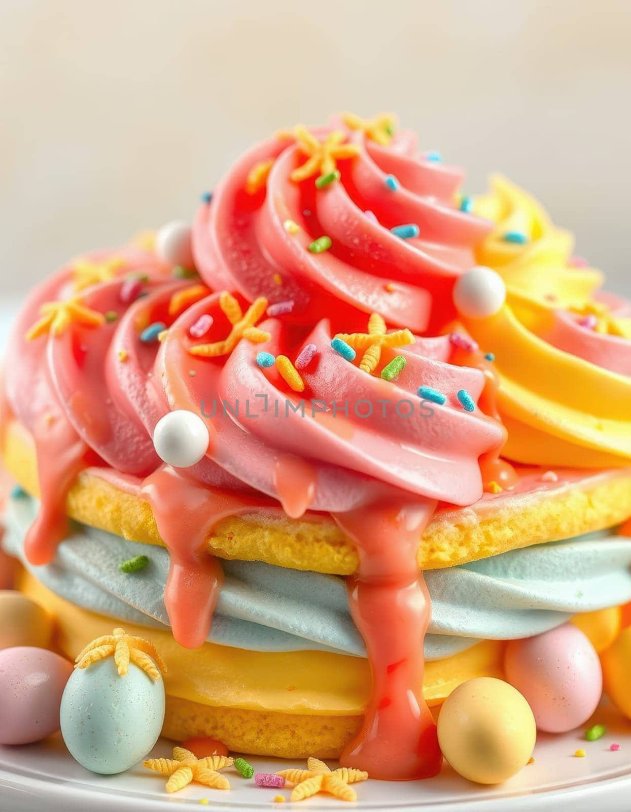A vibrant layered cake features multiple colors of frosting, decorated with pastel sprinkles and small candies. The cake appears enticing and whimsical, perfect for celebrations.