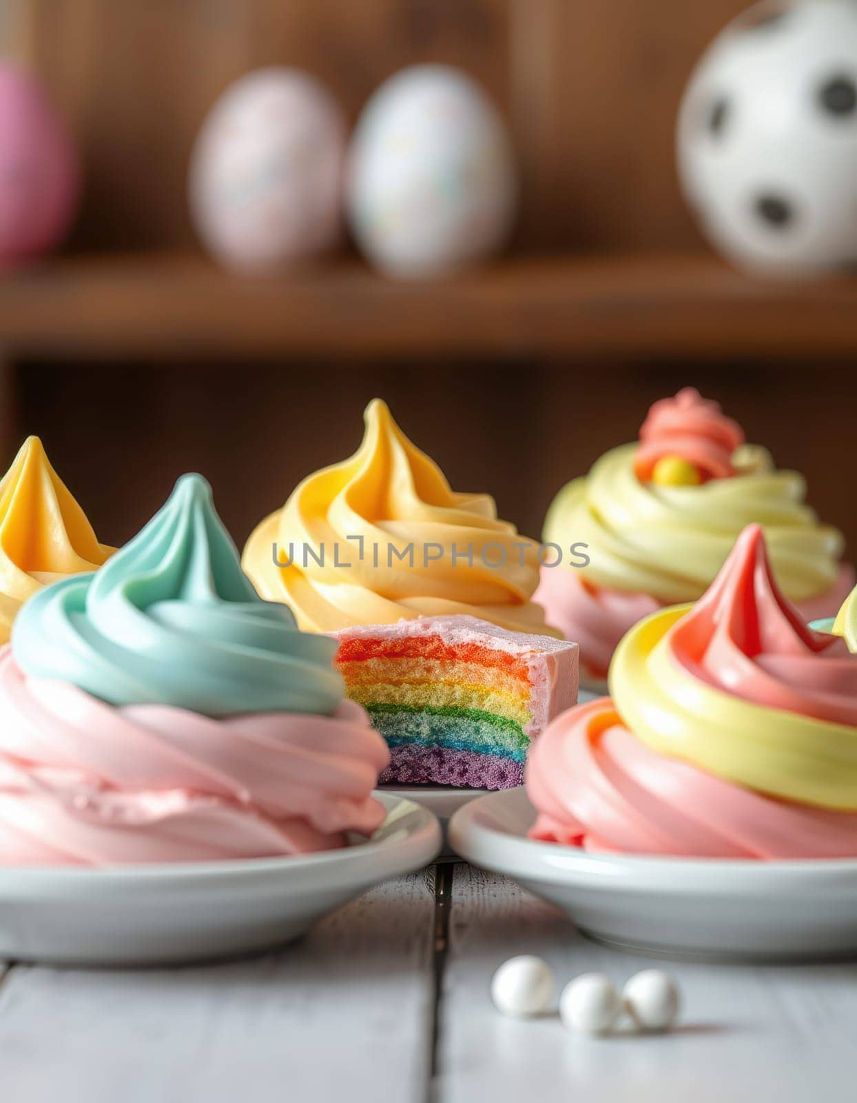 Delicious meringue desserts in various pastel colors sit on white plates, showcasing vibrant rainbow layers inside. The kitchen has a warm, inviting atmosphere.