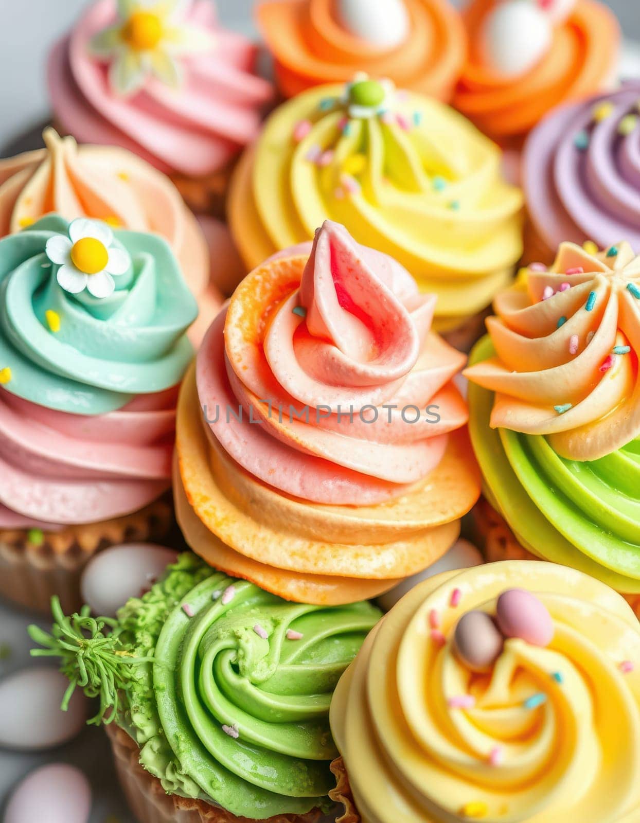 Brightly colored cupcakes feature intricate swirls of frosting and playful toppings. This dessert display showcases a vibrant selection perfect for a spring celebration or gathering.