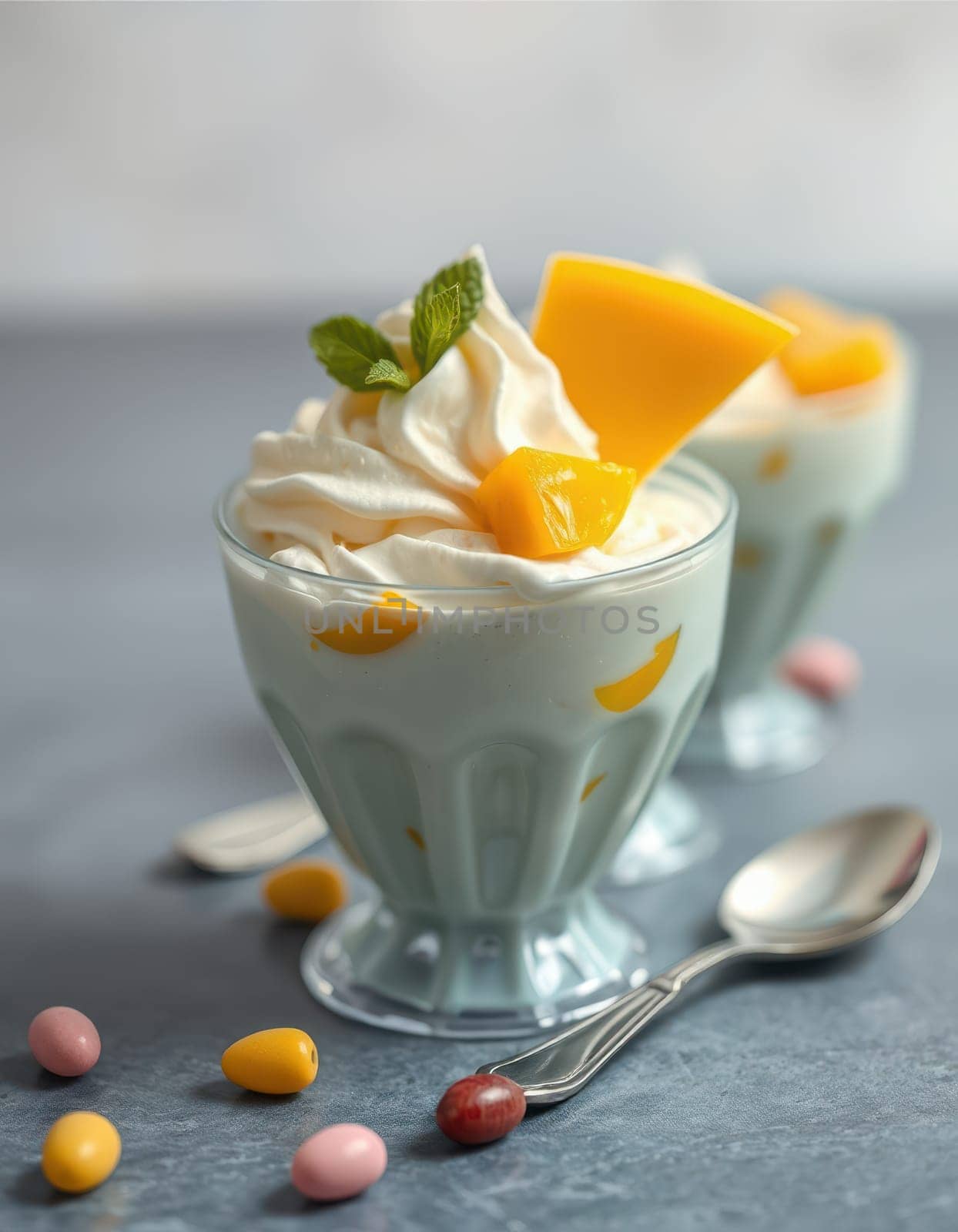 Two glass bowls feature a creamy dessert topped with mango slices and whipped cream, garnished with mint leaves. Colorful candies are scattered nearby.