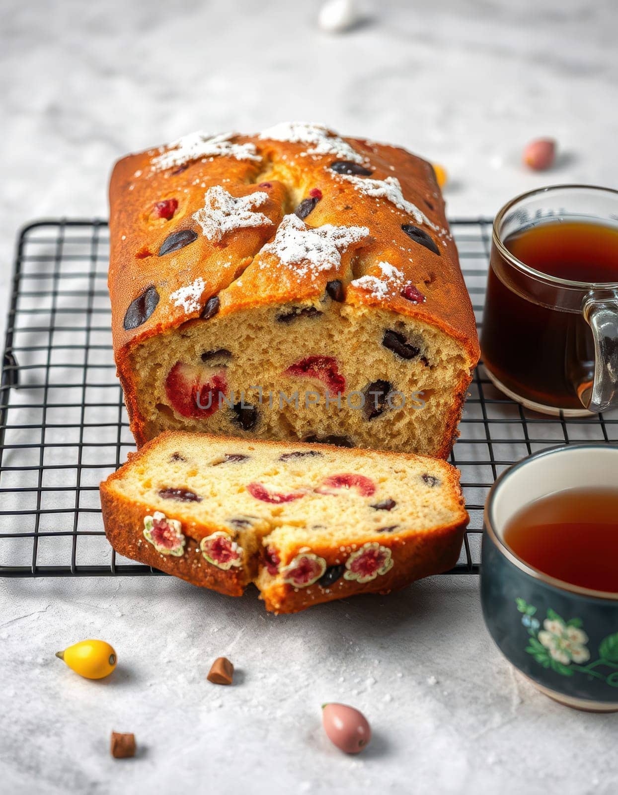 Freshly baked fruit bread sits on a cooling rack, sliced to reveal colorful dried fruits inside, accompanied by cups of steaming tea. The setting is warm and inviting.