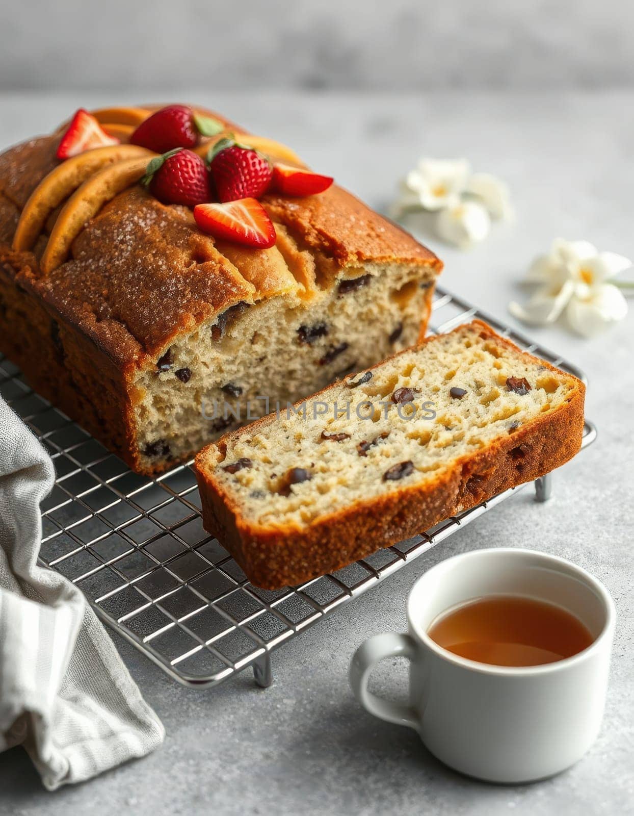 Freshly baked banana bread featuring a golden crust and topped with strawberries sits on a cooling rack beside a steaming cup of tea in a bright kitchen.