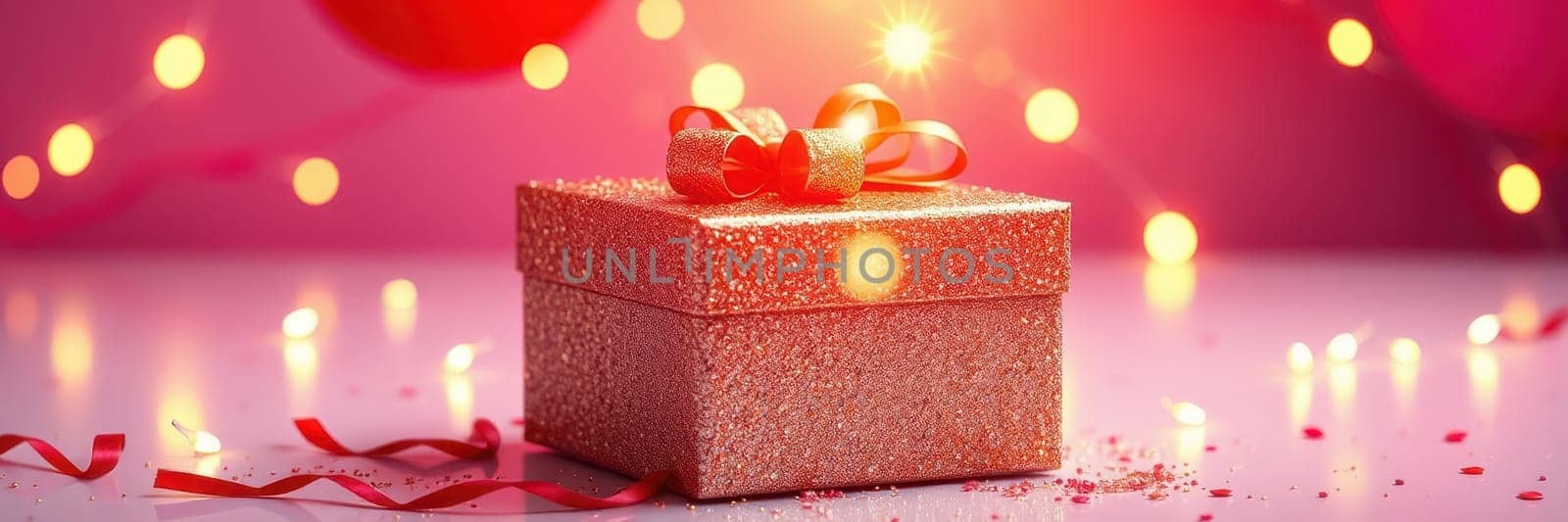 A sparkling gift box adorned with a shiny ribbon rests on a surface, illuminated by soft, colorful lights. The atmosphere is warm and festive, perfect for a celebration.