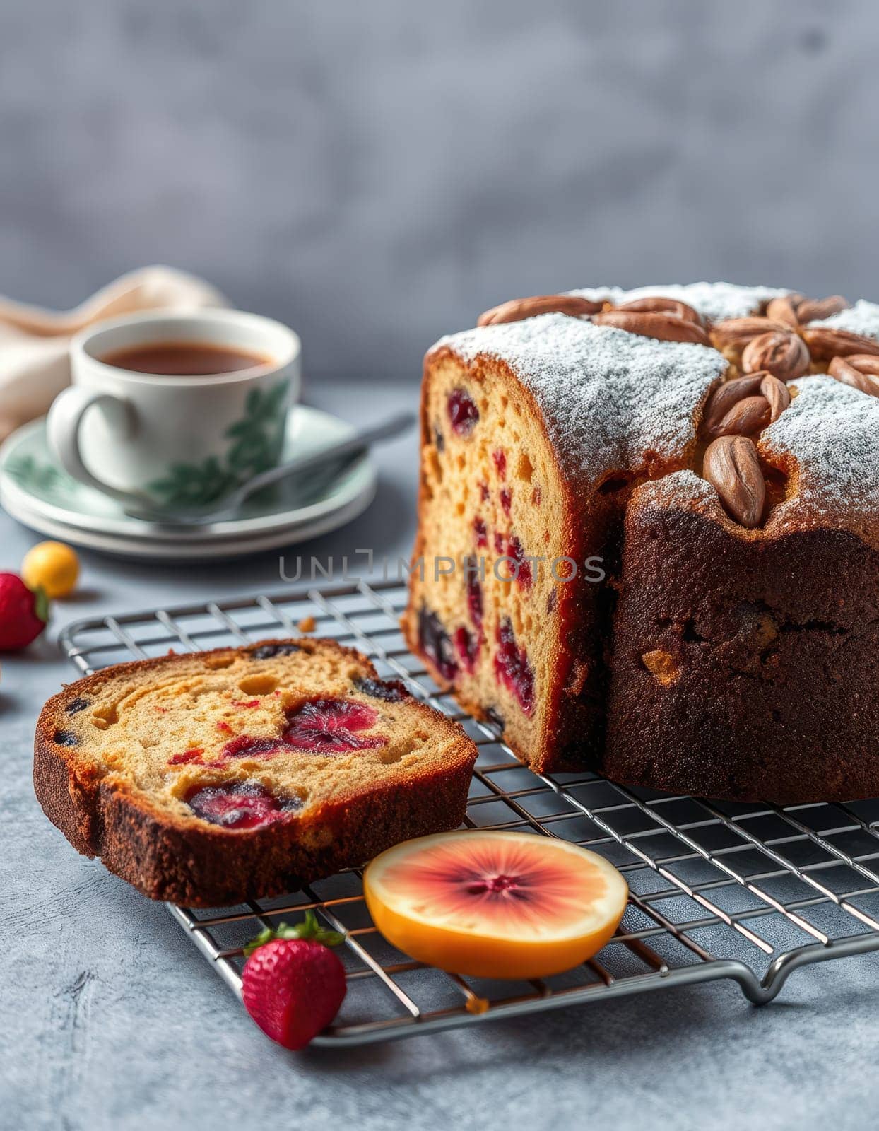 A sliced fruit cake showcasing vibrant berries and orange slices rests on a cooling rack. A delicate cup of coffee is placed beside it, setting a warm, inviting atmosphere.