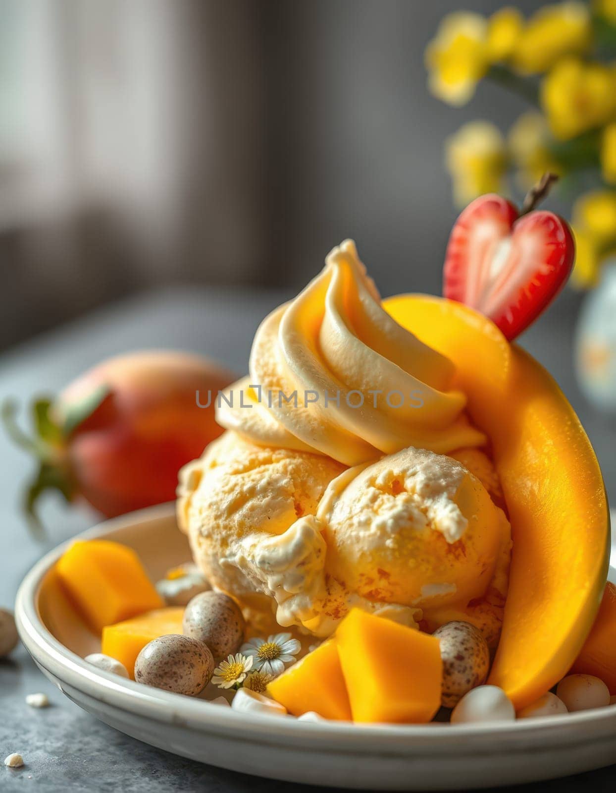 A charming dessert is beautifully arranged with mango slices, creamy ice cream, and strawberries on a plate. This sweet treat is perfect for a sunny afternoon.
