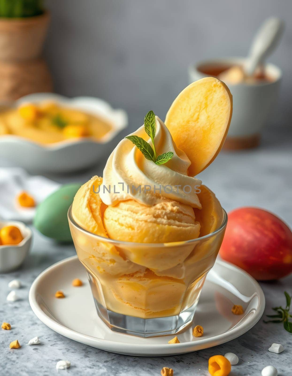 A smooth serving of mango ice cream is topped with cream and a mint leaf in a glass dish.
