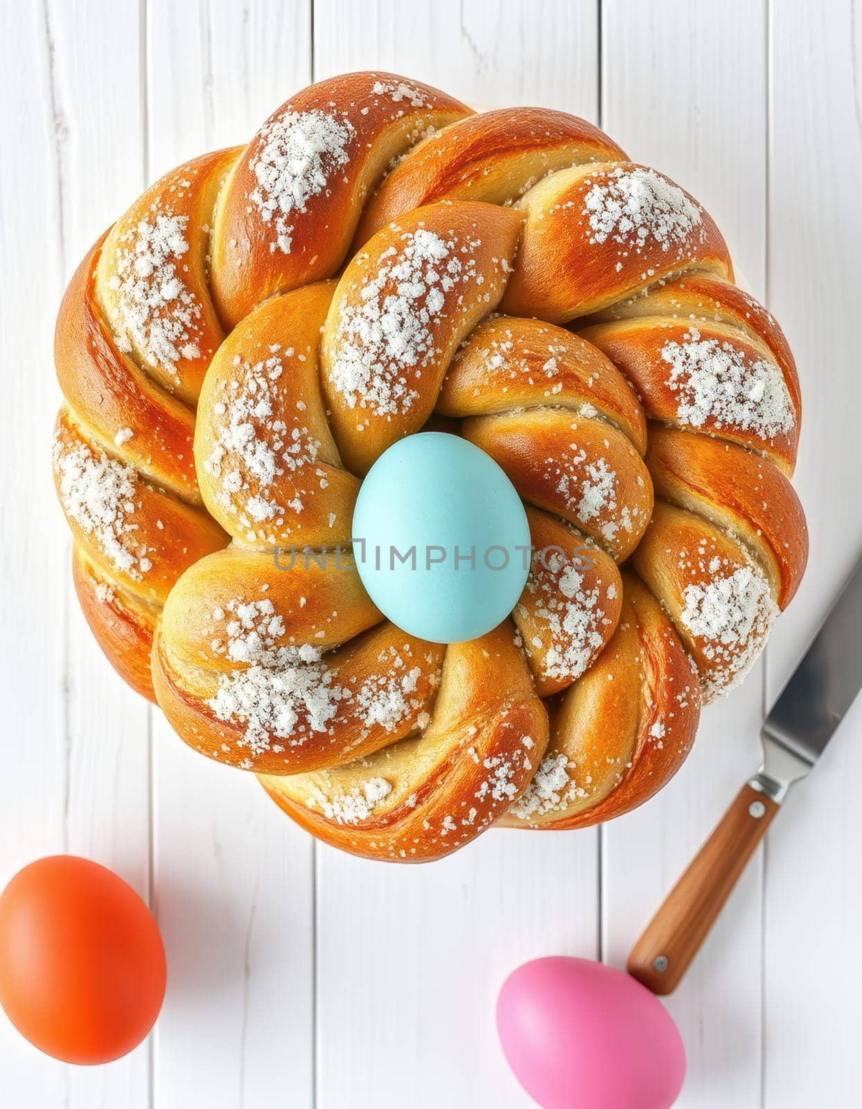 Intricately braided bread adorned with powdered sugar sits on a white wooden surface. Pastel-colored eggs surround the bread, enhancing the festive spring atmosphere.