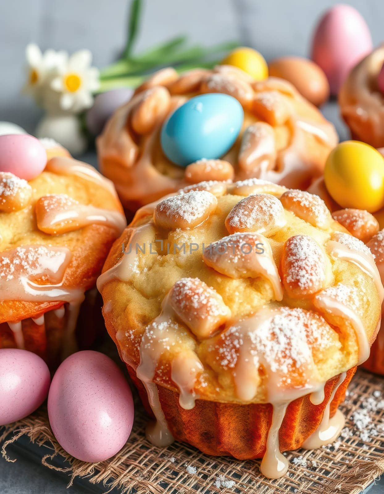 Freshly baked muffins topped with creamy icing and adorned with colorful pastel eggs create a cheerful springtime dessert. Perfect for celebrations or brunch gatherings.