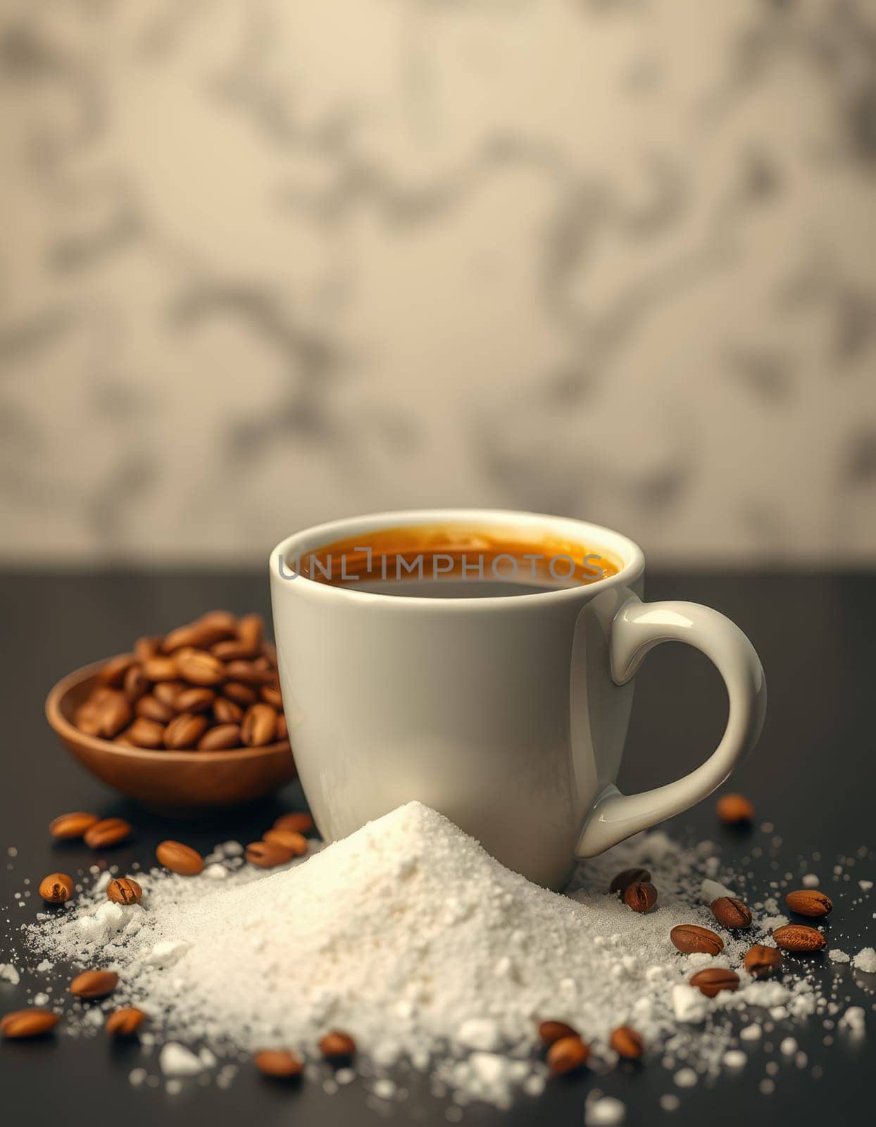 A white cup filled with steaming coffee sits on a dark table, surrounded by roasted coffee beans and a mound of sugar, creating a warm and inviting atmosphere.