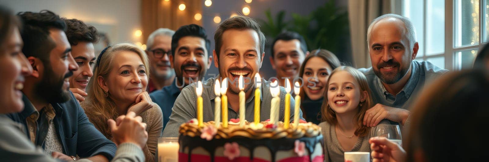 A group of happy friends and family members gather around a man celebrating his birthday. They all smile, surrounded by candles on a decorated cake, enjoying the festive atmosphere.
