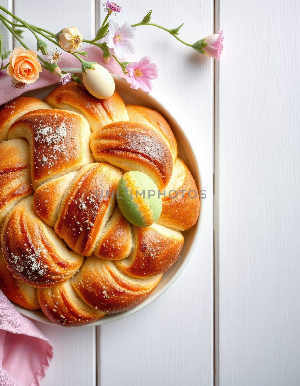 Sweet bread, shaped in a braided design, sits on a plate with a pastel egg on top. Surrounding it are delicate flowers, creating a festive atmosphere for Easter.