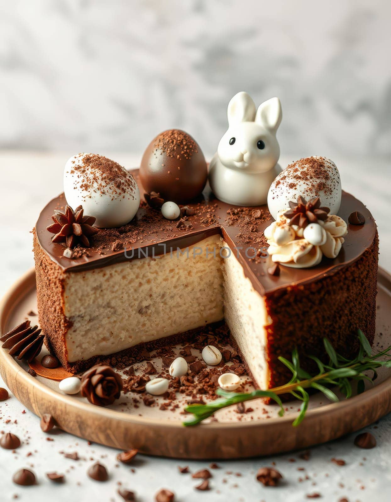 A chocolate mousse cake sits on a wooden plate, beautifully decorated with meringue eggs and a cute bunny figurine.
