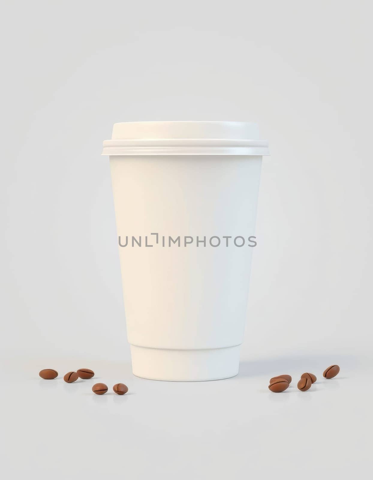 A plain white disposable cup stands upright on a light surface, surrounded by scattered coffee beans. The simple arrangement highlights the focus on coffee.