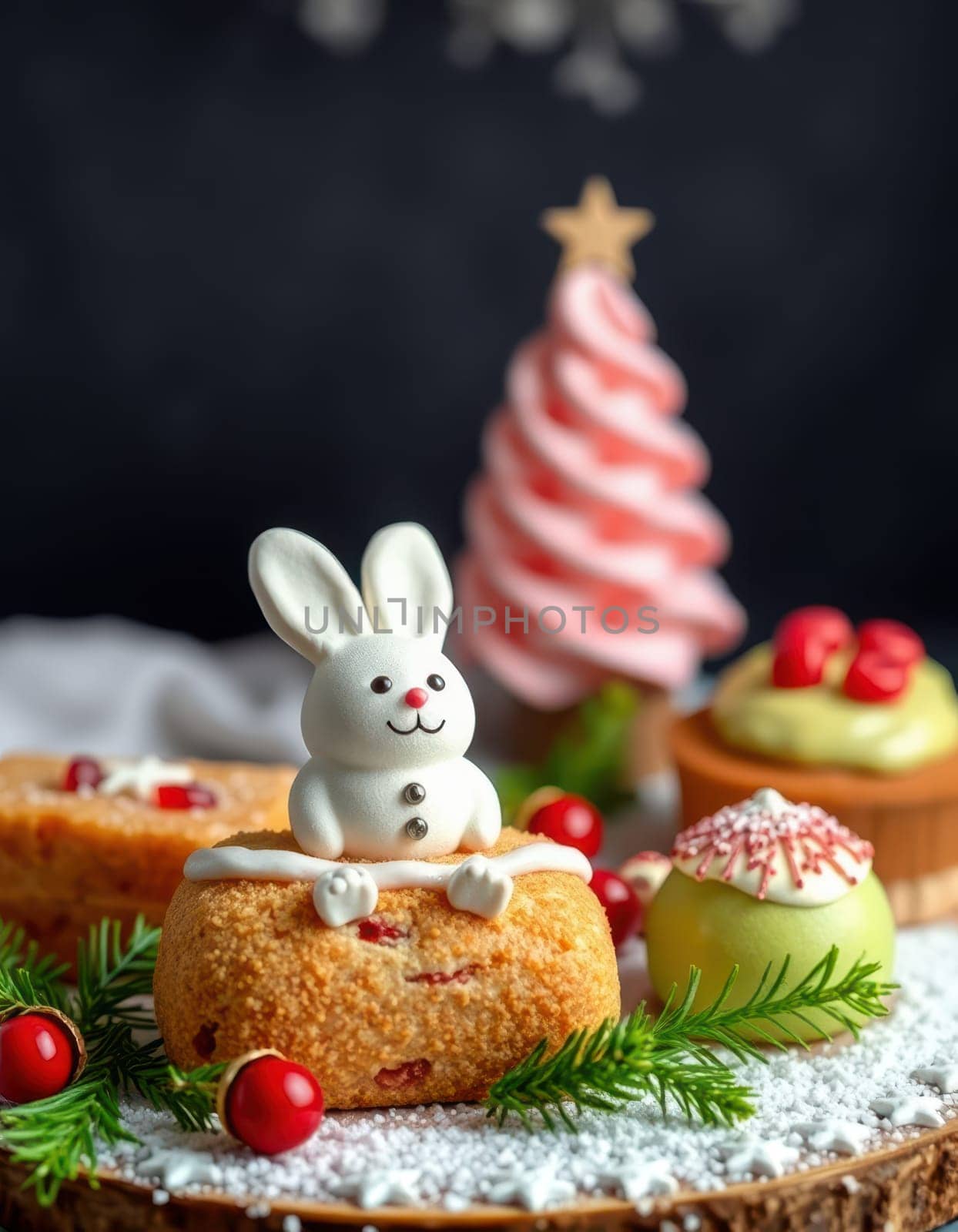 Colorful pastries are arranged on a table, featuring a smiling rabbit figure and various holiday-themed sweets. Vibrant decorations enhance the joyful atmosphere of the occasion.