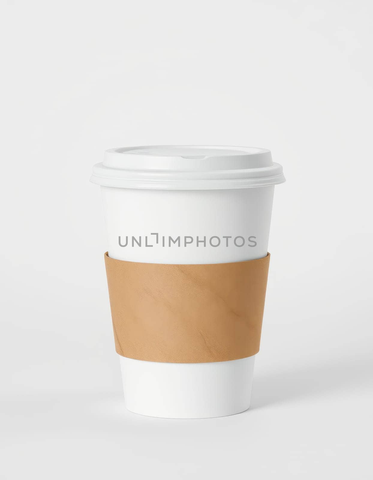 A white disposable coffee cup is placed on a plain surface, featuring a kraft paper sleeve. The setting suggests a calm morning moment, ideal for enjoying a warm beverage.