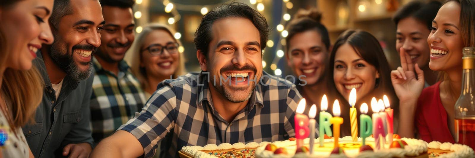 A group of friends surrounds a man celebrating his birthday. They joyfully sing while he prepares to blow out candles on a brightly decorated cake. The atmosphere is lively and festive.