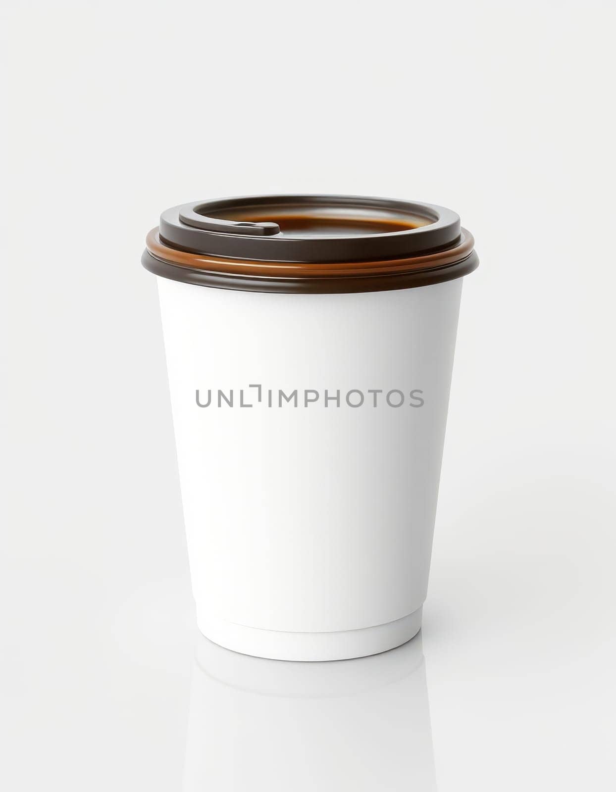 A plain white coffee cup with a brown lid sits against a neutral background, perfect for custom branding or cafe designs. Features a simple, clean aesthetic for versatility.