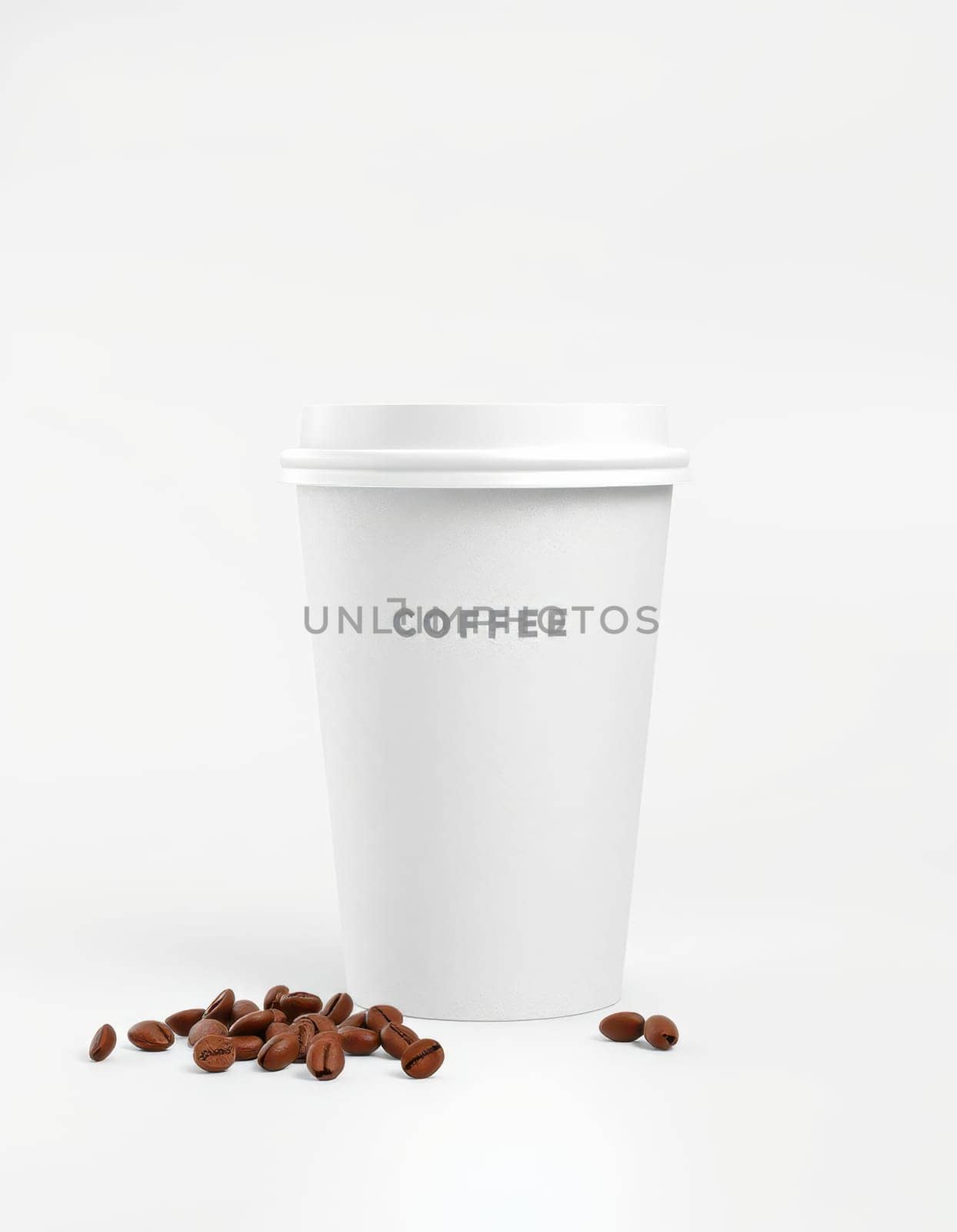 A white coffee cup labeled coffee sits upright next to a scattering of dark coffee beans on a smooth, light background. The simplicity emphasizes the rich aroma of the beverage.