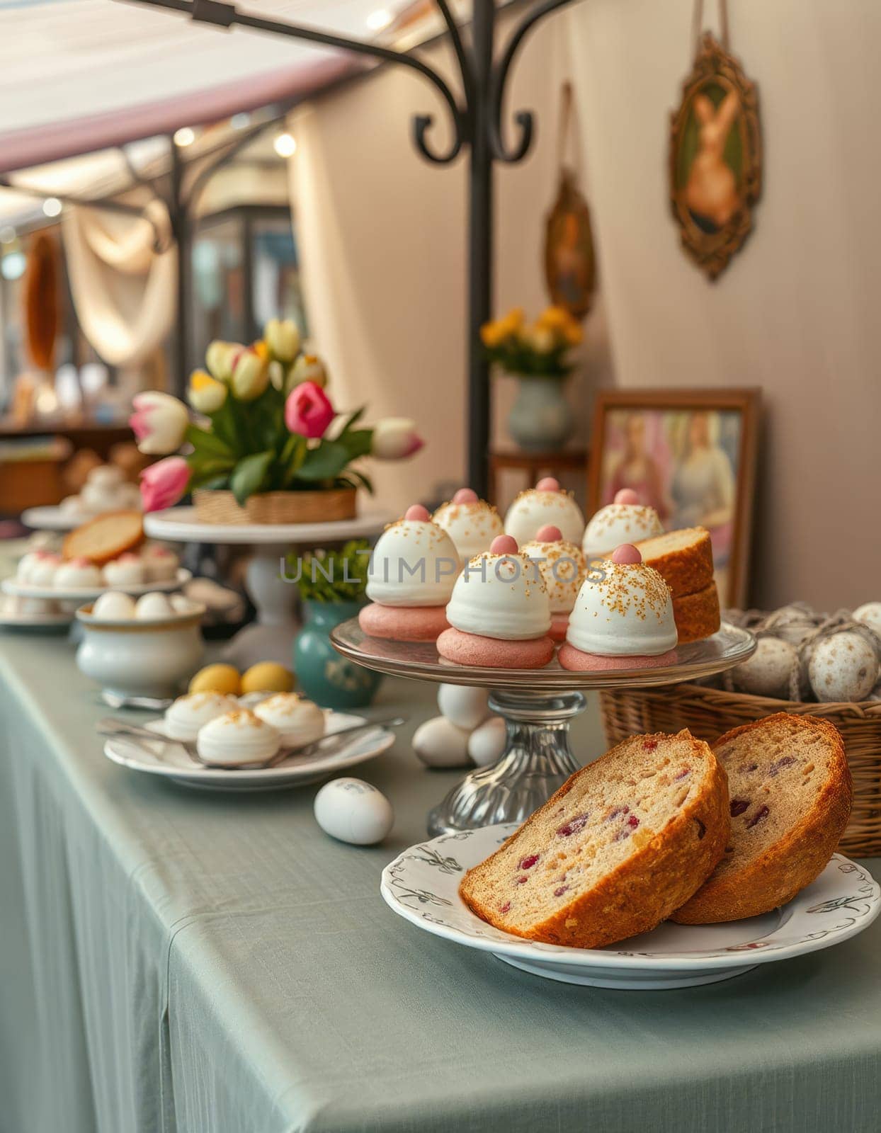 A beautifully arranged dessert table features an array of pastries, including coated sweets and fresh bread, surrounded by decorative flowers. The setting exudes a warm, inviting atmosphere.