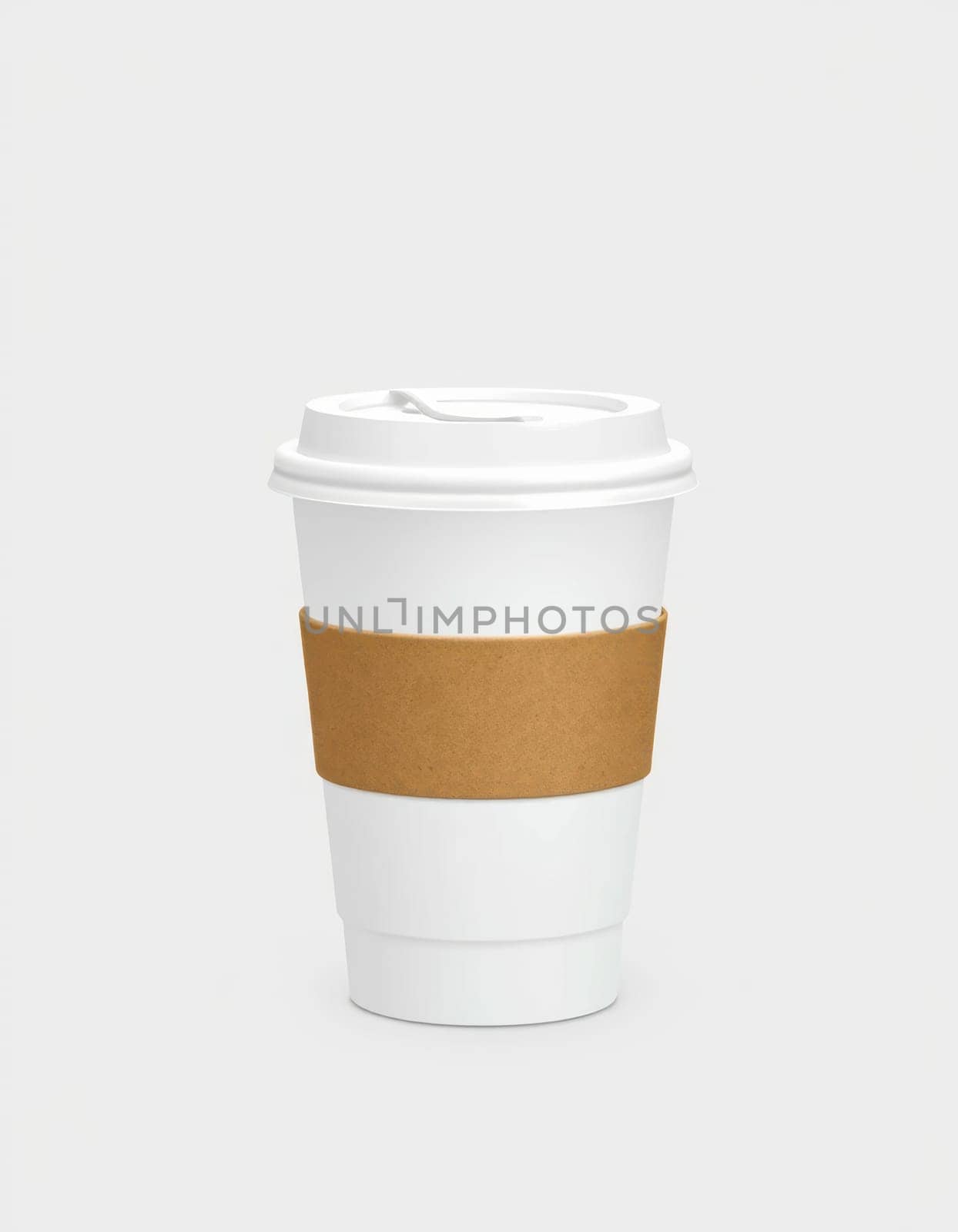 A simple white coffee cup with a brown cardboard sleeve is placed against a neutral background, inviting warmth and comfort for a chilly morning drink.