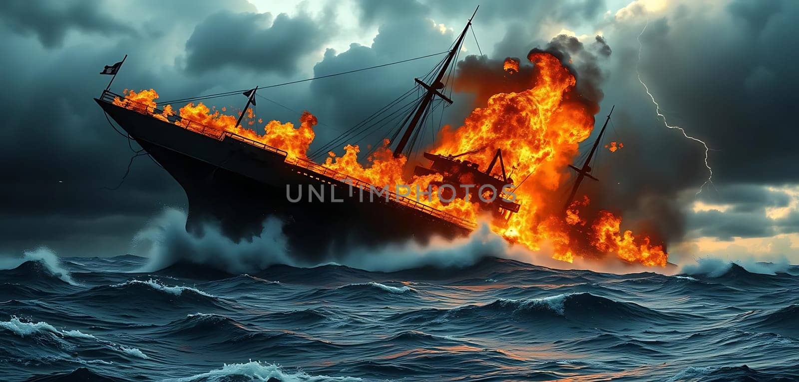 A grand ship ablaze battles stormy seas under a lightning-streaked sky. Flames engulf the vessel, its masts stark against the fiery glow, creating a dramatic scene of peril and chaos.