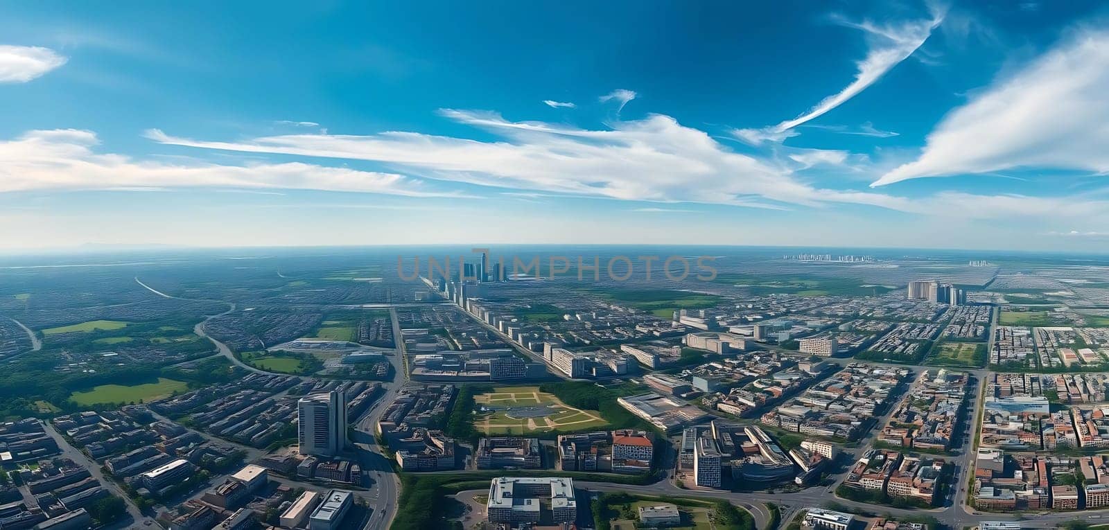 A sprawling urban landscape unfolds beneath a vivid blue sky, dotted with wispy clouds. Modern skyscrapers rise in the distance, contrasting with the dense residential clusters below. The mood is vibrant and bustling, with green spaces interspersed among the buildings, hinting at a city balancing progress and nature.