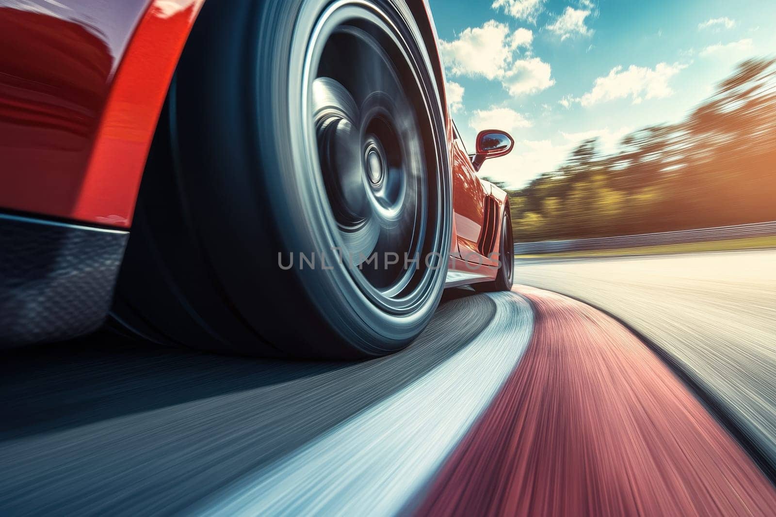 A captivating close-up shot of a red sports car tire gripping a curved race track, showcasing speed and performance against a vibrant sky.