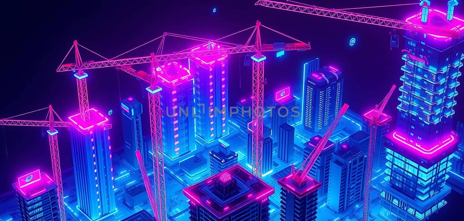 A futuristic cityscape buzzes with activity as neon-lit cranes construct towering skyscrapers. The vibrant, cyberpunk-inspired scene exudes an atmosphere of rapid technological advancement and urban growth. Glowing icons float amidst the structures, hinting at digital integration.