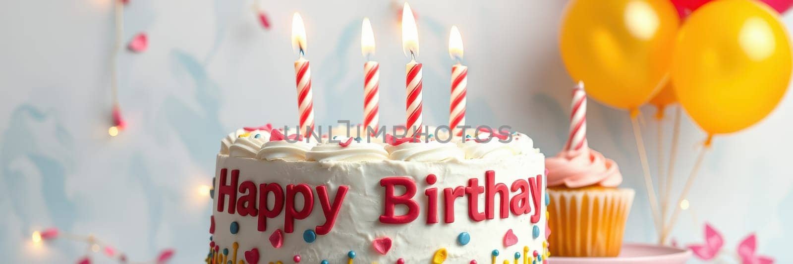A beautifully adorned birthday cake sits on a table, with colorful balloons nearby. Four candles are lit on the cake, adding to the joyful atmosphere of the celebration.