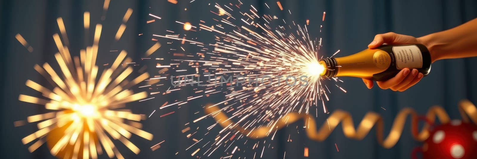 A hand joyfully pops a champagne bottle, sending sparkling liquid and golden sparks into the air. Colorful decorations and a festive atmosphere enhance the celebration.
