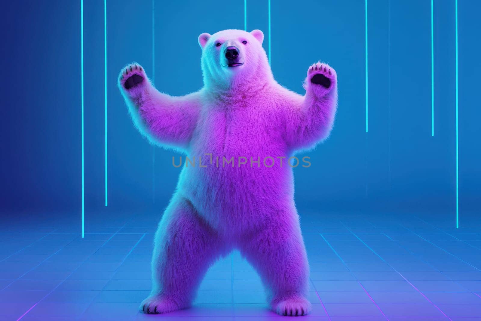 A whimsical scene featuring a playful polar bear dancing joyfully under vibrant neon lights, set against a modern abstract background. The image captures the charm and personality of this adorable wildlife creature.