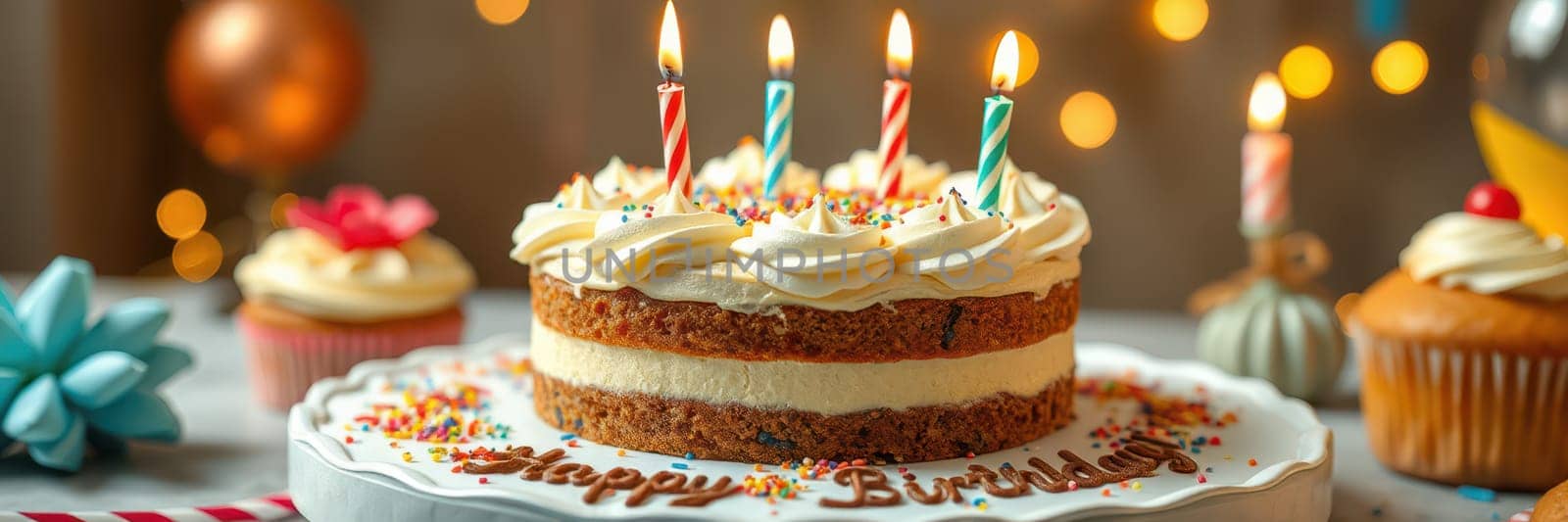 A beautifully frosted birthday cake featuring colorful candles sits on a decorative plate. Surrounding treats add to the festive atmosphere, lit by warm, twinkling lights.