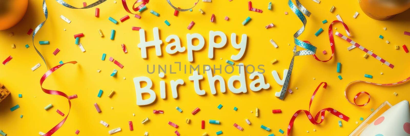 A vibrant yellow backdrop features colorful paper confetti and festive decorations alongside the cheerful message happy birthday. The environment radiates joy and celebration.