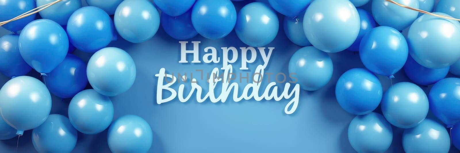 A vibrant arrangement of blue balloons forms a cheerful backdrop, announcing a birthday celebration. The bright decorations evoke feelings of happiness and festivity.