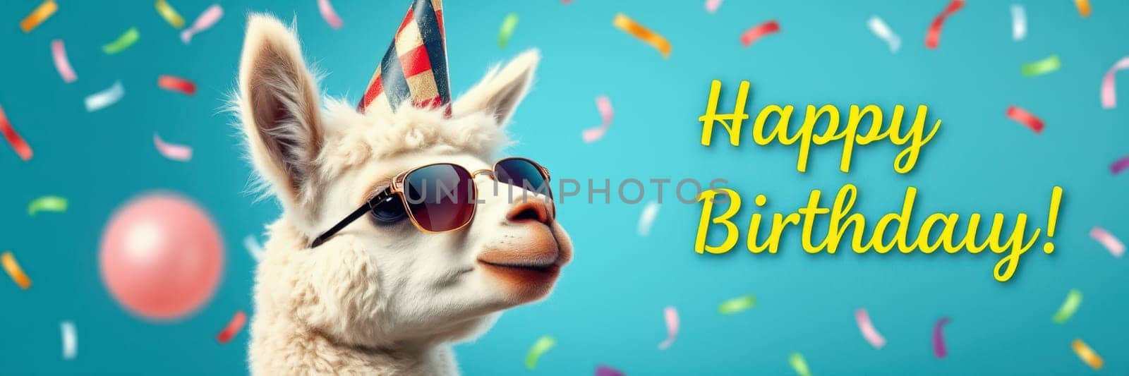 A cheerful llama dons sunglasses and a colorful party hat, surrounded by vibrant confetti and a balloon, celebrating a joyful birthday occasion with festive flair.