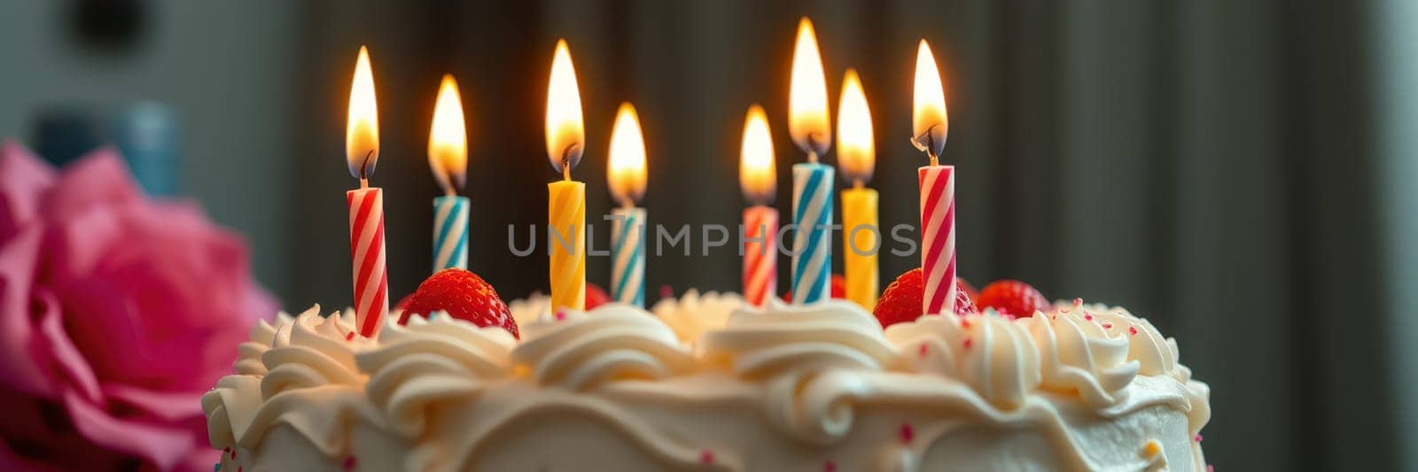A beautifully decorated birthday cake sits on a table, adorned with vibrant candles and fresh strawberries, ready for the birthday celebration as soft lighting enhances the mood.