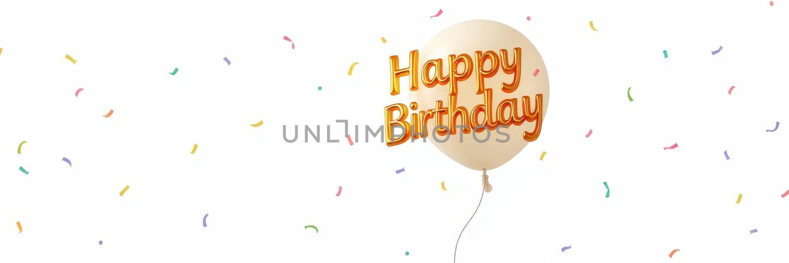 A gold balloon with the greeting 'Happy Birthday' floats among vibrant confetti, setting a cheerful tone for birthday celebrations and gatherings.