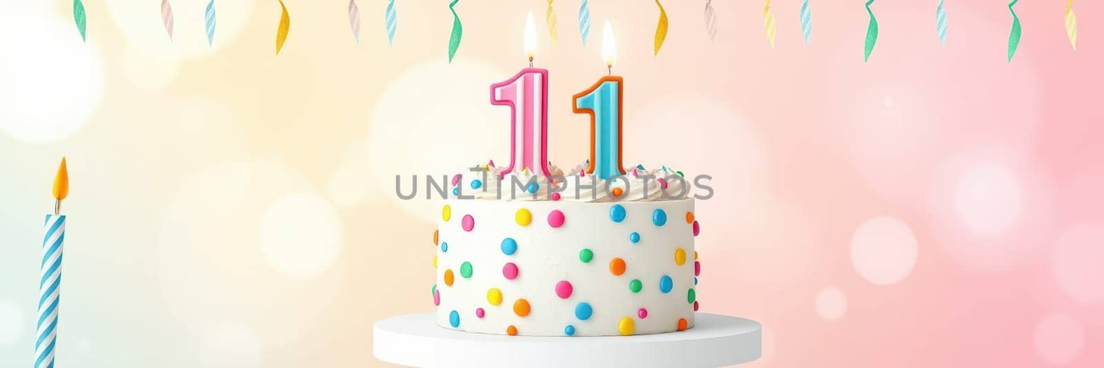 A beautifully decorated cake with vibrant sprinkles sits on a white stand, featuring bright candles displaying the number eleven, perfect for a child's birthday celebration.