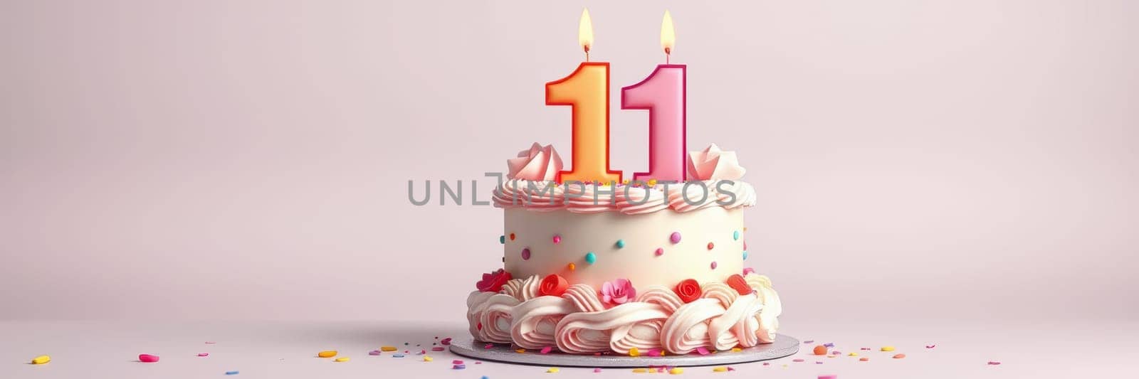 A beautifully decorated cake features bright candles displaying the number 11.
