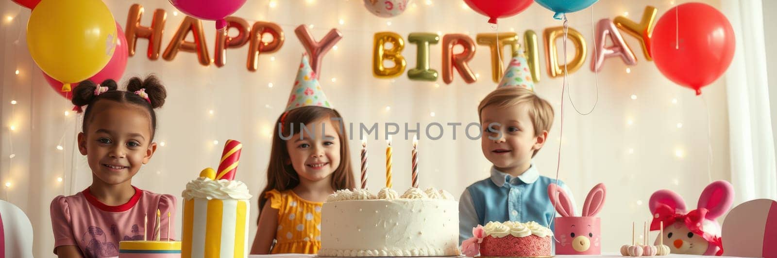 Three children enjoy a festive birthday celebration with balloons and delicious cakes, wearing party hats and smiling happily in a decorated room filled with lights.