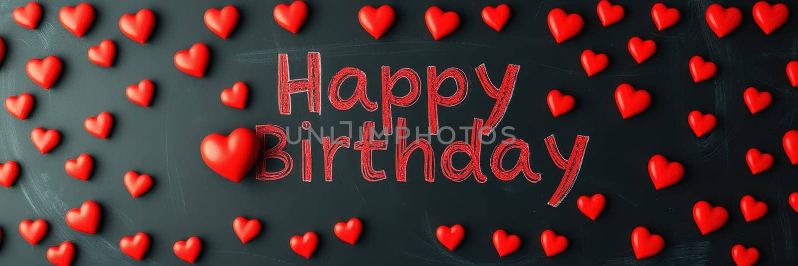 Red hearts surround cheerful birthday wishes written in chalk on a black backdrop, creating a festive and loving atmosphere for celebrating a special day.
