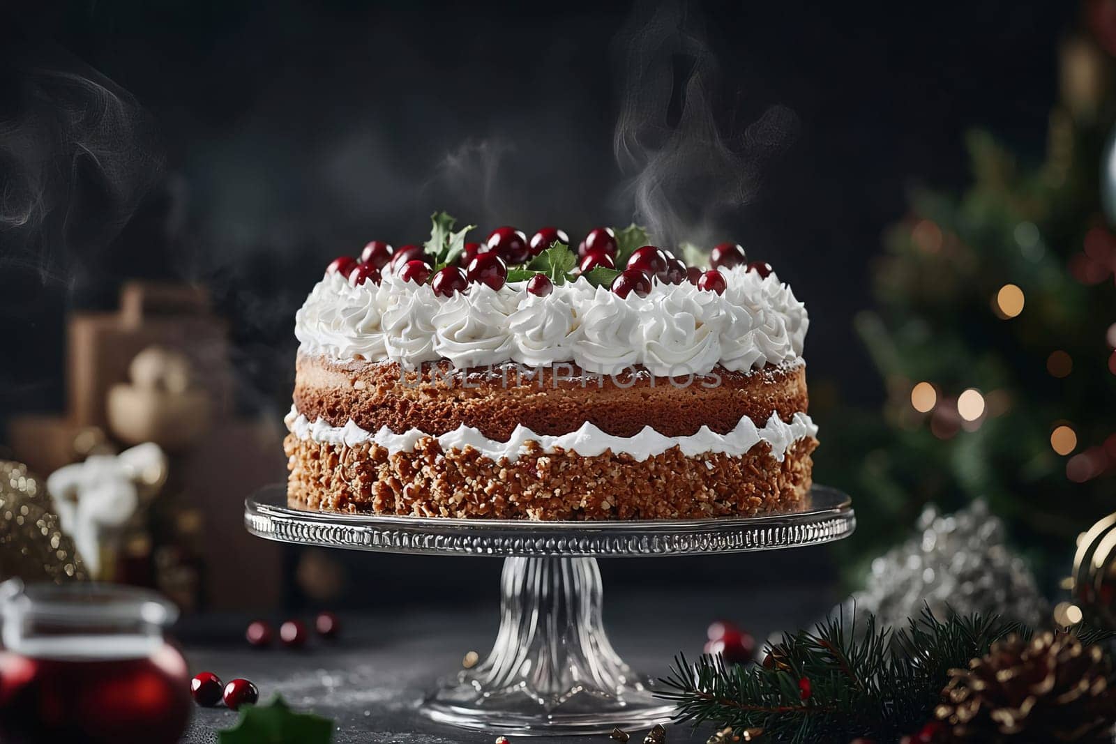 A Christmas cake with white cream and cranberries on a stand. AI generated.