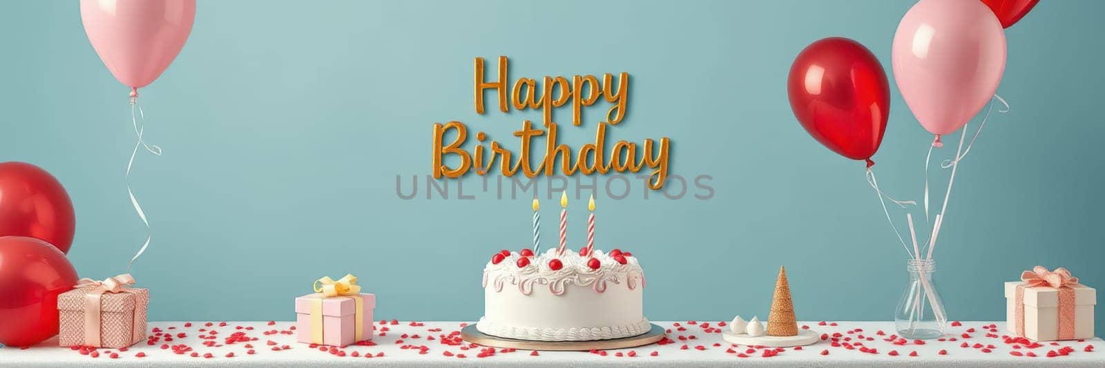 A festive birthday table is beautifully arranged with a cake topped with candles, colorful balloons, and wrapped gifts. The cheerful decorations create a joyful atmosphere.