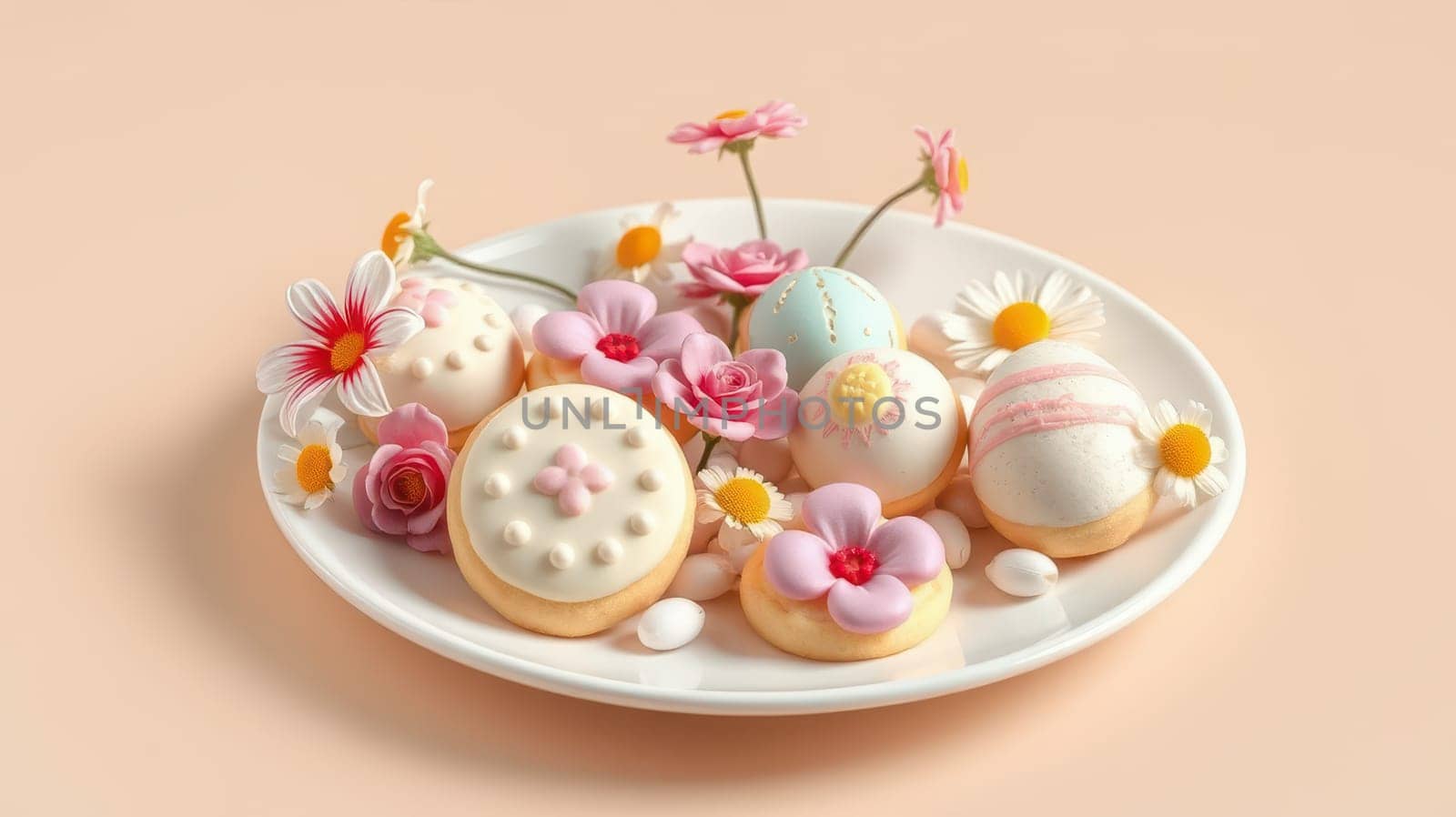 A plate displays an assortment of vibrant decorative cookies featuring pastel colors and floral designs. Edible flowers and small candies enhance the festive spring atmosphere.