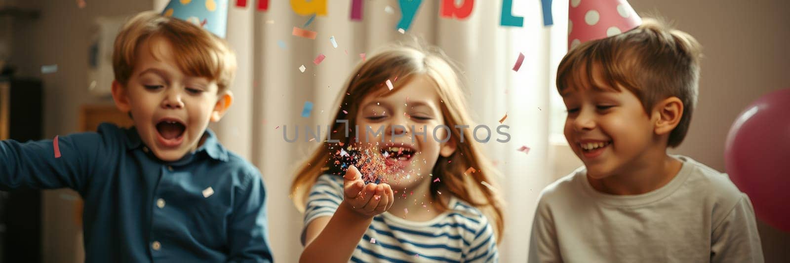 Three children celebrate a joyful birthday, delighting in confetti as they play together in a brightly decorated room filled with festive colors and decorations.