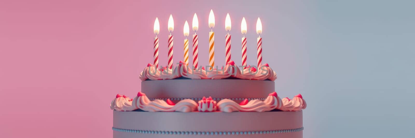 A beautifully decorated birthday cake showcases vibrant frosting and numerous lit candles, inviting celebration during a joyful occasion. The cake's layers are elegantly presented under warm lighting.
