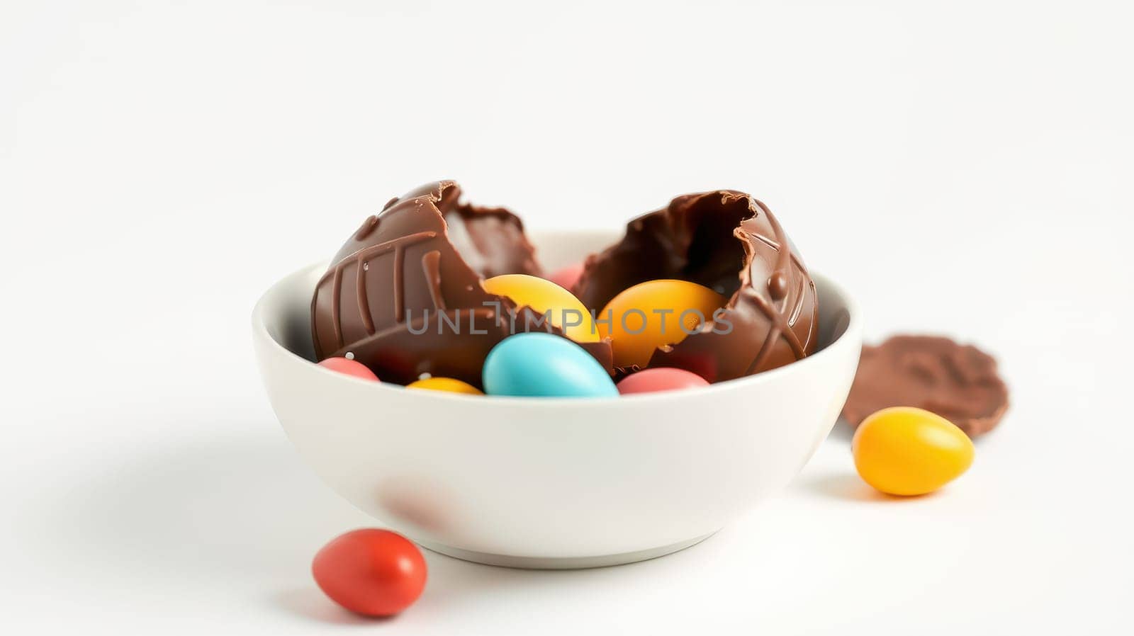 A bowl contains broken chocolate eggs revealing vibrant candies in various colors, perfect for festive occasions like Easter or celebrations. The arrangement is bright and inviting.