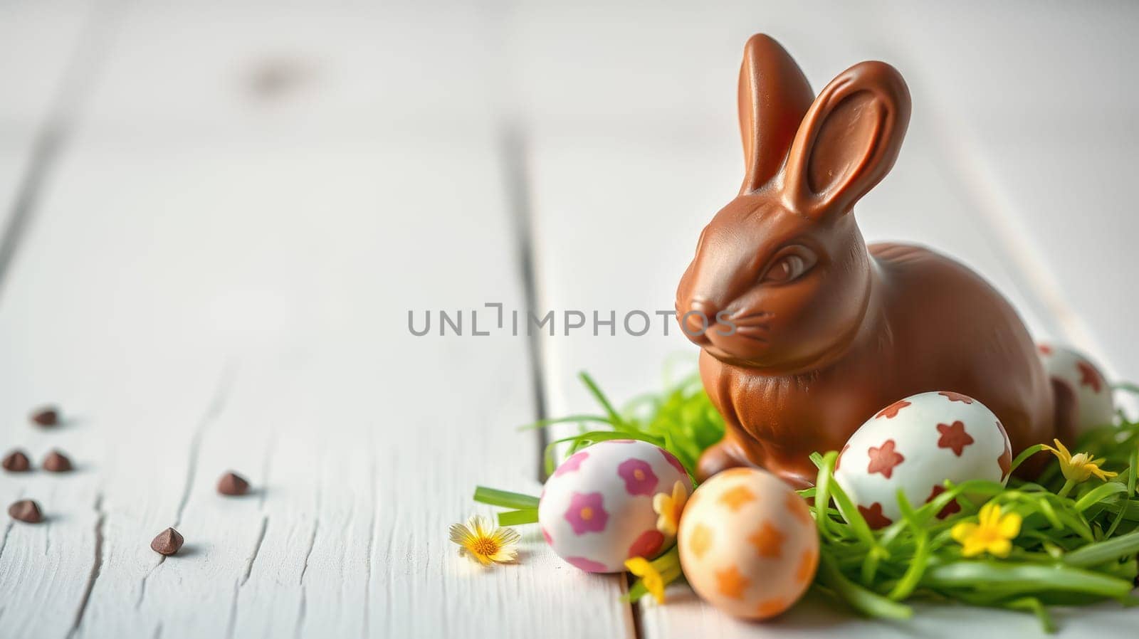 A chocolate rabbit sits on a bed of green grass with colorful decorated eggs and small flowers around it. This arrangement evokes a joyful spring celebration.