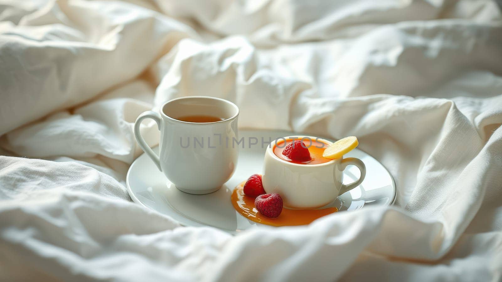 A cozy bed featuring a cup of tea and a dessert with raspberries, surrounded by soft white bedding. The warm light enhances the inviting atmosphere of the scene.