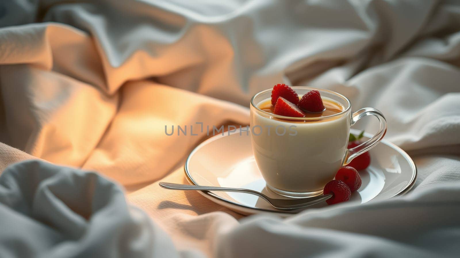 A delicious creamy dessert is served in a cup with fresh raspberries on top, placed on a plate beside a spoon, set against soft, cozy bedding in warm light.